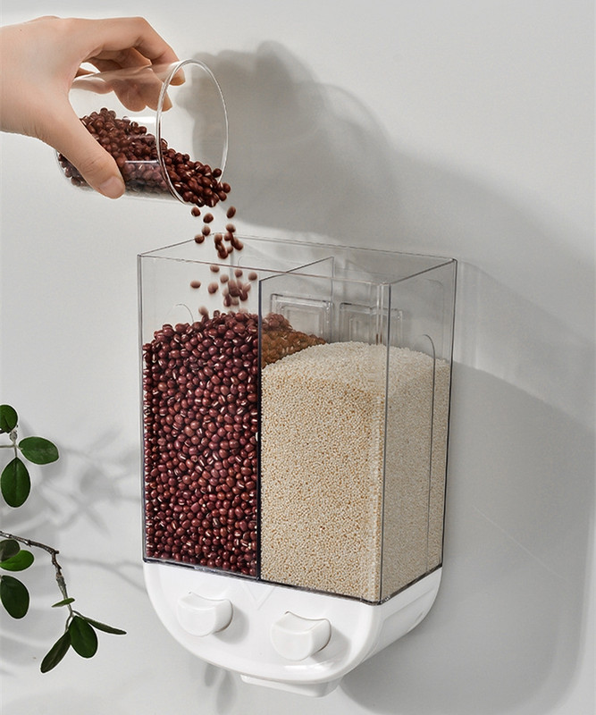 Kuhinjski dozator žitarica od cjelovitih žitarica od 2 L, podijeljeni zatvoreni spremnik za pohranu, 2 rešetke, zidne posude za pohranu hrane