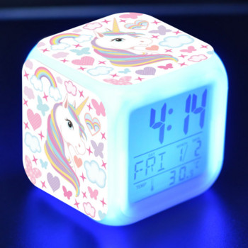 Παιδικά κινούμενα σχέδια Unicorn Ξυπνητήρι 7 Led Φως νύχτας Επιτραπέζια ρολόγια Ημερομηνία Θερμοκρασία Despertador Παιδικά Δώρα γενεθλίων будильник