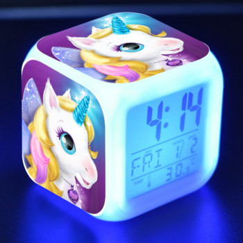 Детски анимационен еднорог будилник 7 Led нощна лампа настолни часовници дата температура Despertador подаръци за рожден ден на деца будильник