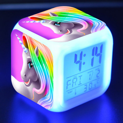 Vaikų animacinis filmas Vienaragis Žadintuvas 7 LED naktinis apšvietimas Staliniai laikrodžiai Data Temperatūra Despertador Vaikų gimtadienio dovanos будильник
