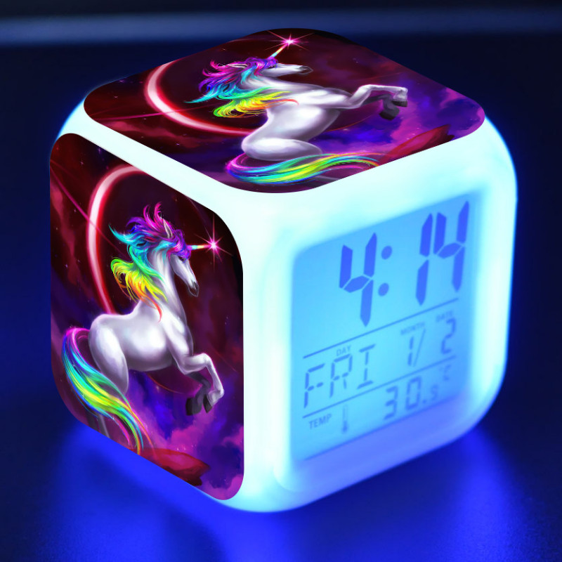 Vaikų animacinis filmas Vienaragis Žadintuvas 7 LED naktinis apšvietimas Staliniai laikrodžiai Data Temperatūra Despertador Vaikų gimtadienio dovanos будильник