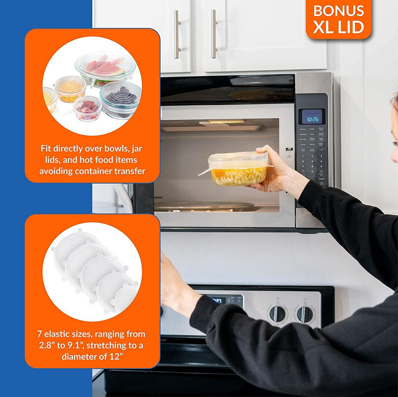 Silikoniniai tamprūs dangteliai – daugkartiniai patvarūs maisto saugojimo dangteliai dubenims ir maisto indams Silikoniniai maisto dangteliai, tinkami naudoti mikrobangų krosnelėje