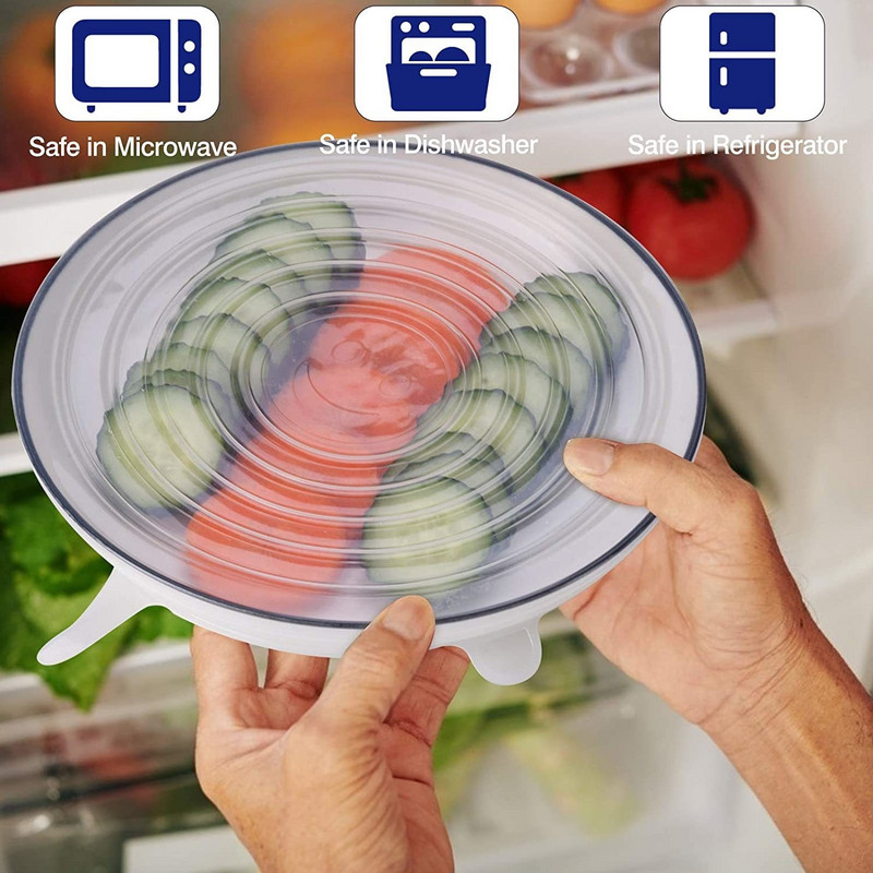 Silikoniniai tamprūs dangteliai – daugkartiniai patvarūs maisto saugojimo dangteliai dubenims ir maisto indams Silikoniniai maisto dangteliai, tinkami naudoti mikrobangų krosnelėje