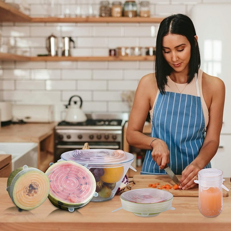 Silikoniniai tamprūs dangteliai – daugkartiniai patvarūs maisto saugojimo dangteliai dubenims ir maisto indams Silikoniniai maisto dangteliai, tinkami naudoti mikrobangų krosnelėje