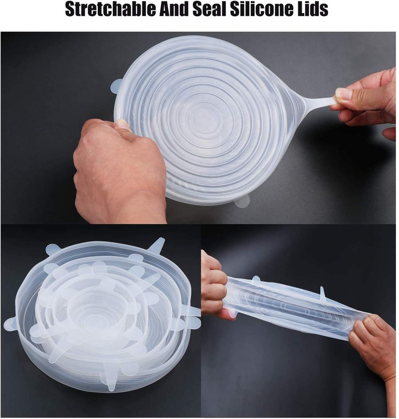 Silikoniniai tamprūs dangteliai – daugkartiniai patvarūs maisto saugojimo dangteliai dubenims ir maisto indams Silikoniniai maisto dangteliai, tinkami naudoti mikrobangų krosnelėje