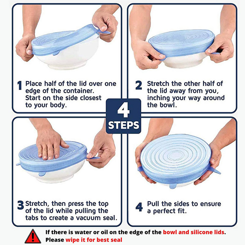 6 vnt. Silikoniniai dangteliai Pritaikomi silikoniniai dangteliai Silikoniniai dangteliai maistui Universalūs indų tamprūs dangteliai skardinėms Virtuvės priedai