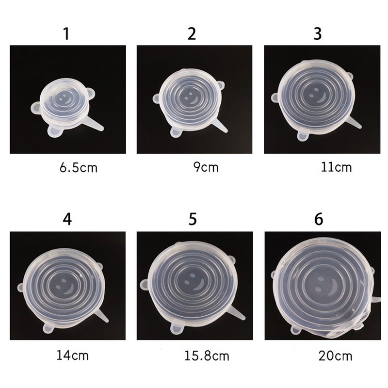 6 vnt. Silikoniniai dangteliai Pritaikomi silikoniniai dangteliai Silikoniniai dangteliai maistui Universalūs indų tamprūs dangteliai skardinėms Virtuvės priedai