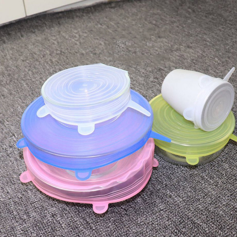 6 vnt. Silikoniniai dangteliai Pritaikomi silikoniniai dangteliai Silikoniniai dangteliai maistui Universalūs indų tamprūs dangteliai skardinėms Virtuvės priedai
