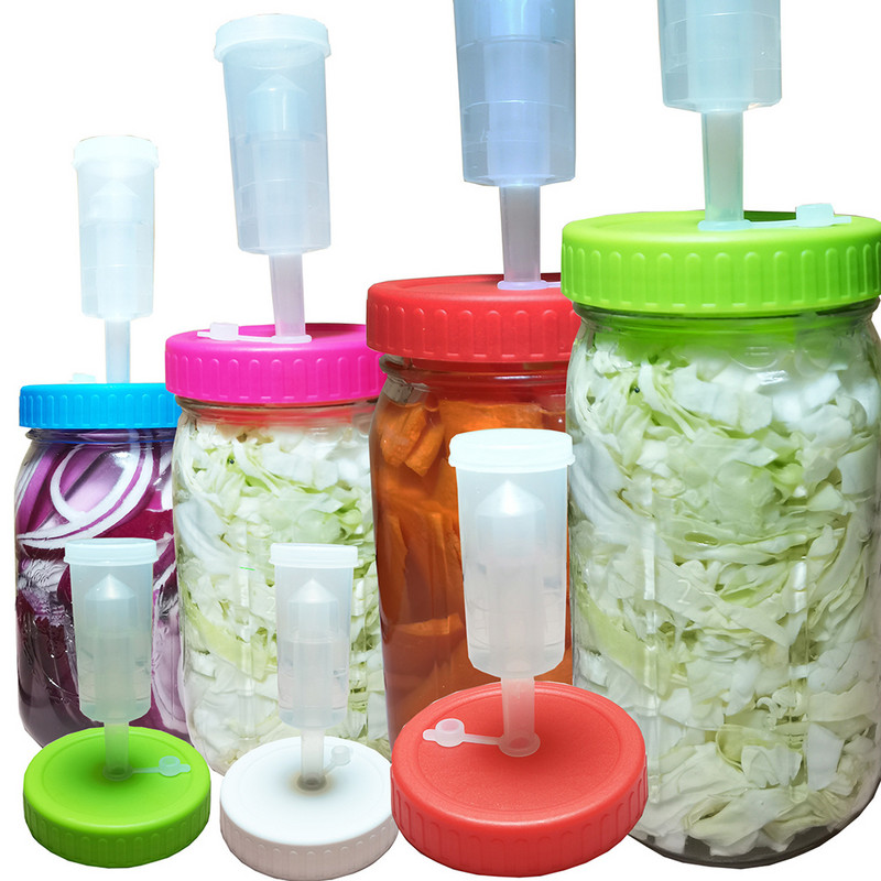 „Mason Jar“ fermentacijos dangtelis „Premium Mason Jar“ fermentacijos dangtelis su silikoniniu žiedu ir „Airlock“ fermentacijos rinkiniu, skirtas plačios burnos stiklainiams