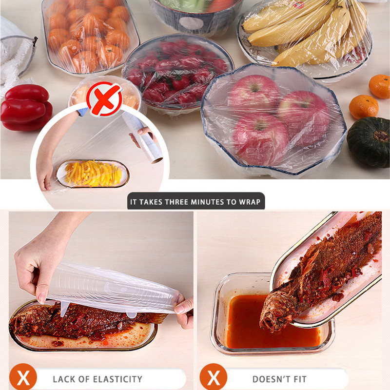 100 vnt. vienkartinis dubens dangtelis Elastinis maisto dulkių dangtelis Plastikinis apvyniojimo dangtelis šviežio maisto laikymui Saran įvyniojimas šaldytuvo virtuvei