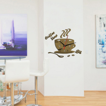 3D Creative Acrylic DIY Καθρέφτης Ρολόι τοίχου Απλό σπίτι Ψηφιακό αυτοκόλλητο τοίχου Διακόσμηση Mute Coffee Cup Αυτοκόλλητο τοίχου Ρολόι χαλαζία
