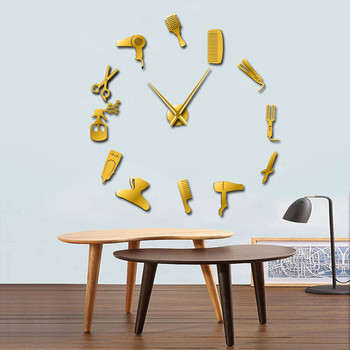 Направи си сам бръснарница Гигантски стенен часовник с огледален ефект Комплекти от бръснарски инструменти Декоративен часовник без рамка Фризьорски бръснарски стенен арт декор