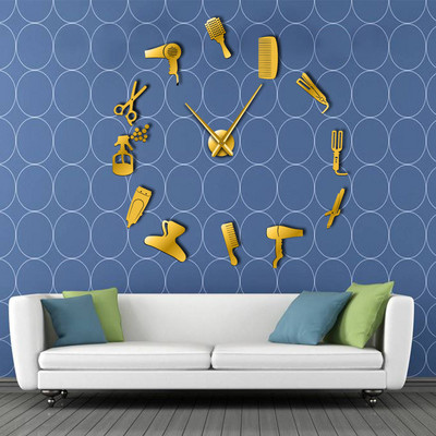 Направи си сам бръснарница Гигантски стенен часовник с огледален ефект Комплекти от бръснарски инструменти Декоративен часовник без рамка Фризьорски бръснарски стенен арт декор