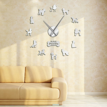 Poodle Big Hand Μοντέρνο Ρολόι τοίχου Pudelhund DIY Γιγαντιαίο ρολόι τοίχου Διακόσμηση τοίχου τραπεζαρίας Caniche Mirror Effect DIY Large Wall Art