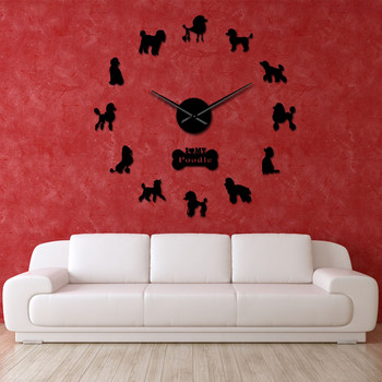 Poodle Big Hand Μοντέρνο Ρολόι τοίχου Pudelhund DIY Γιγαντιαίο ρολόι τοίχου Διακόσμηση τοίχου τραπεζαρίας Caniche Mirror Effect DIY Large Wall Art