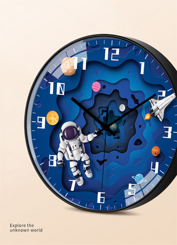 8-инчов безшумен детски стенен часовник за спалня, кръгъл астронавт Декор за пътуване в космоса Детски часовник Декорация на стая за момчета Кварцов часовник