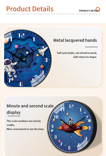 8 ιντσών Silent παιδικό ρολόι τοίχου κρεβατοκάμαρας Στρογγυλό Αστροναύτης Διαστημικό Ταξίδι Διακόσμηση Παιδικό Ρολόι Αγόρια Διακόσμηση δωματίου Ρολόι χαλαζία