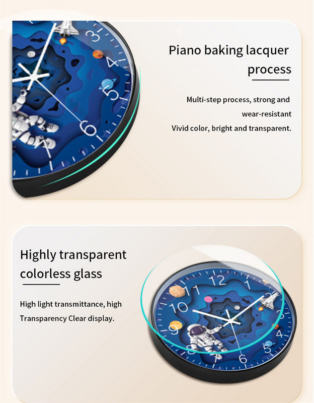 8-инчов безшумен детски стенен часовник за спалня, кръгъл астронавт Декор за пътуване в космоса Детски часовник Декорация на стая за момчета Кварцов часовник