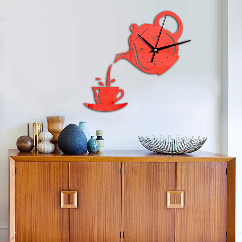 Творчески Направи си сам 3D акрилен стенен часовник Чаша за кафе Чайник Кухненски декоративни стенни часовници Всекидневна Моден домашен декор Часовник