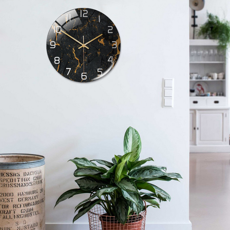 Текстура на черен мрамор Живопис със златни линии Стенен часовник Домашен декор Спалня Безшумни часовници Часовник Стенен Цифров часовник Стенен модерен дизайн