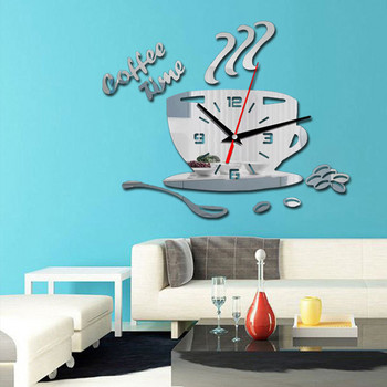3D акрилен стенен часовник Направи си сам Огледални стенни часовници Прости домашни цифрови стикери за стена Декорация Без звук Чаша за кафе Стенен кварцов часовник