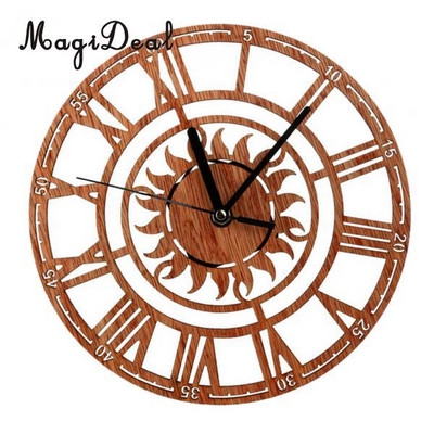 Голям кръгъл във формата на слънце винтидж римски ръчно изработен декоративен дървен голям стенен часовник на стената за подарък 23 см