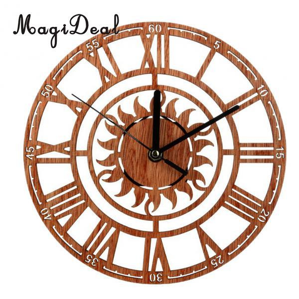 Голям кръгъл във формата на слънце винтидж римски ръчно изработен декоративен дървен голям стенен часовник на стената за подарък 23 см