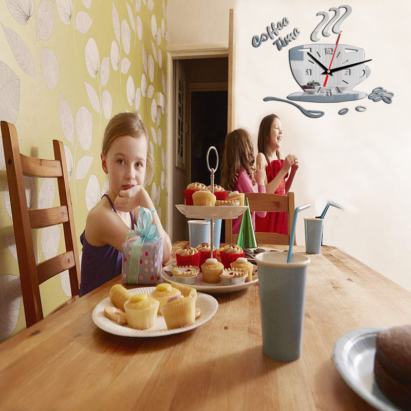 3D часовник Огледало Стикери за стена Направи си сам Часовник за кафе Акрилен стенен часовник за кухненски прозорец Начало Декор Стикери за стена във формата на чаша