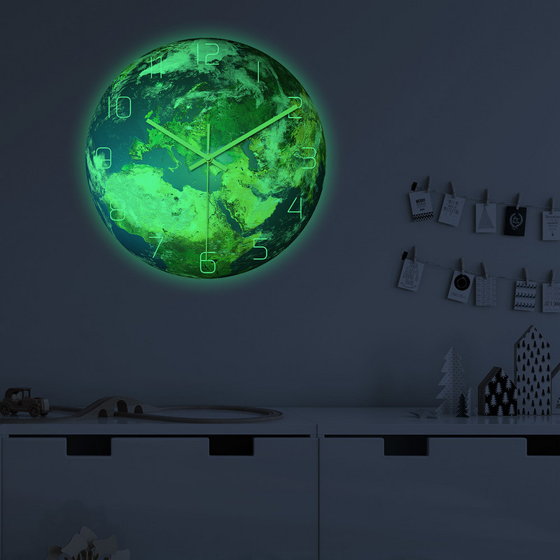 3D акрилен светещ земен стенен часовник, светещ в тъмното Безшумни числа Земен висящ часовник Модерна декорация на дома Всекидневна