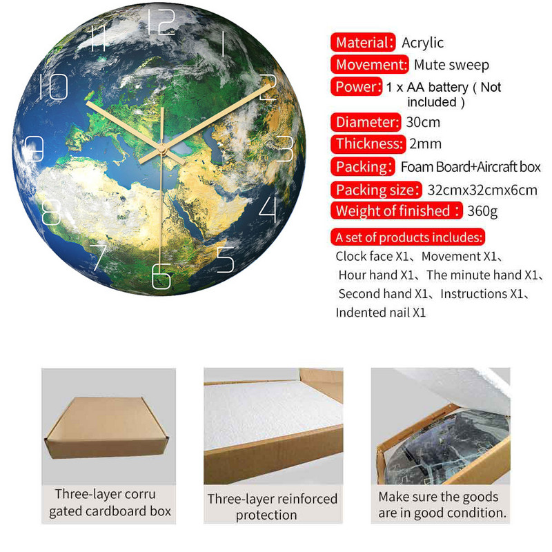 3D акрилен светещ земен стенен часовник, светещ в тъмното Безшумни числа Земен висящ часовник Модерна декорация на дома Всекидневна