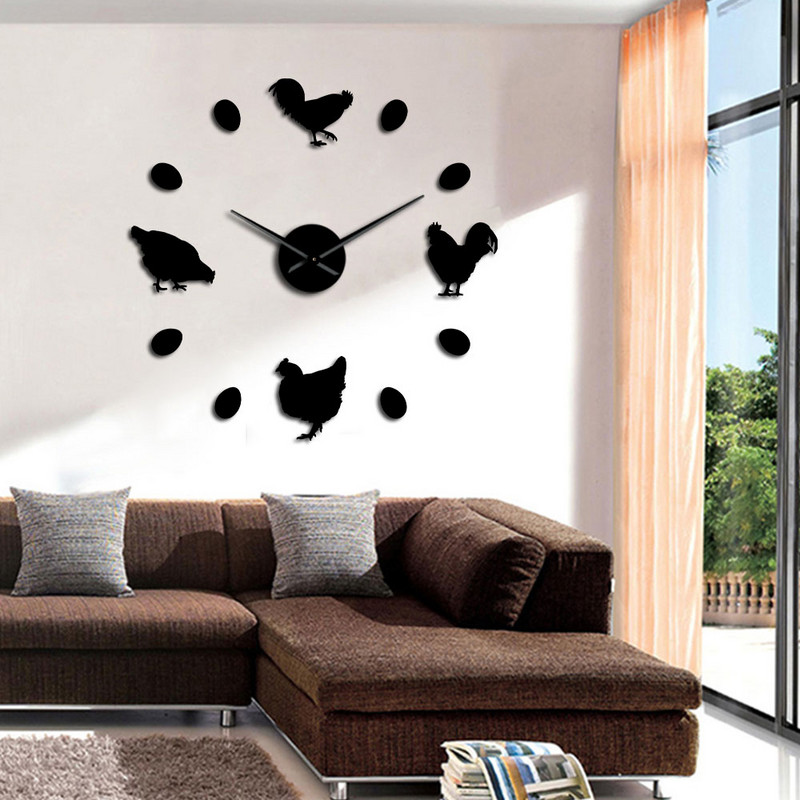 Фермерско пиле и пресни фермерски яйца Направи си сам голям стенен часовник Селска къща Рустик декор за стена Кухня Без рамки Стенен часовник Огледало Стикери