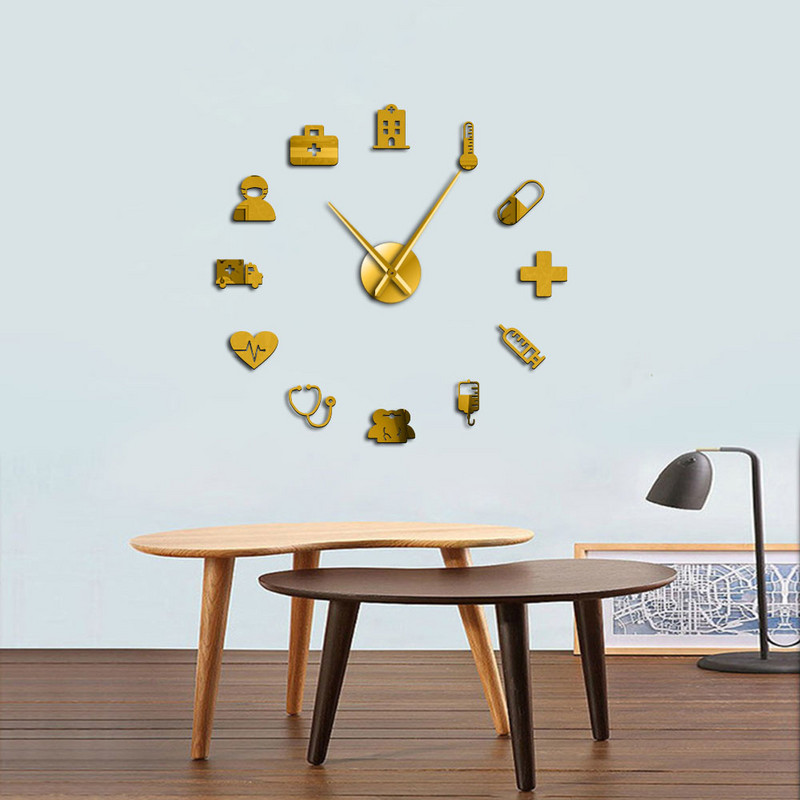 Medicine Heath Care Ambulance Голям стенен часовник Направи си сам Акрилни огледални стикери за стена Медицинско изкуство за стена Болнична клиника Декор Арт часовник