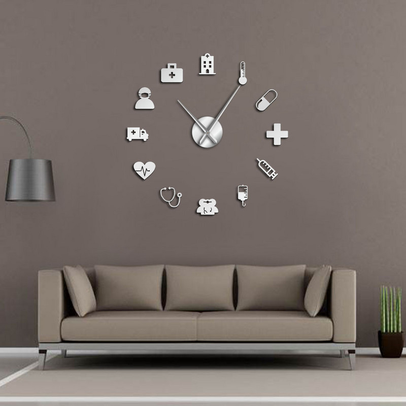Medicine Heath Care Ambulance Голям стенен часовник Направи си сам Акрилни огледални стикери за стена Медицинско изкуство за стена Болнична клиника Декор Арт часовник