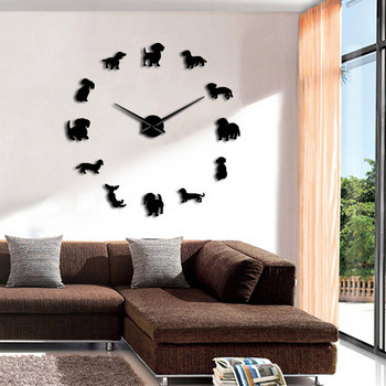 Направи си сам Dachshund Wall Art Wiener-Dog Puppy Dog Pet Без рамки Гигантски стенен часовник с огледален ефект Куче с наденица Голям часовник Стенен часовник