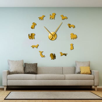 Направи си сам Dachshund Wall Art Wiener-Dog Puppy Dog Pet Без рамки Гигантски стенен часовник с огледален ефект Куче с наденица Голям часовник Стенен часовник