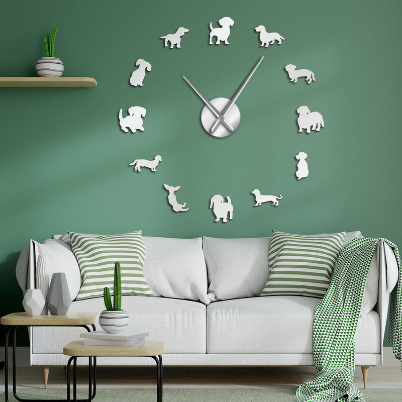 Направи си сам Dachshund Wall Art Wiener-Dog Puppy Dog Pet Без рамки Гигантски стенен часовник с огледален ефект Куче с наденица Голям часовник Стенен часовник