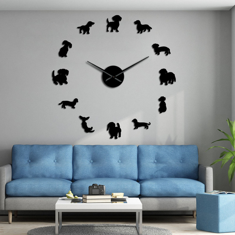 Направи си сам Dachshund Wall Art Wiener-Dog Puppy Dog Pet Без рамки Гигантски стенен часовник с огледален ефект Куче с наденица Голям часовник Стенен часовник