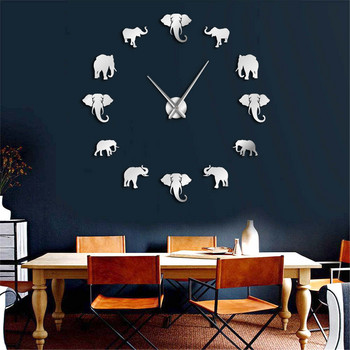 Животни от джунглата Слон Направи си сам голям стенен часовник Декорация на дома Модерен дизайн Огледален ефект Гигантски слонове без рамки Направи си сам часовник
