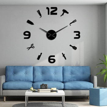 Αξεσουάρ κουρείου DIY Μεγάλο ρολόι τοίχου Ακρυλικό εφέ καθρέφτη Τέχνη τοίχου Εργαλεία κομμωτηρίου χωρίς πλαίσιο Μεγάλο ρολόι τοίχου χωρίς τικ