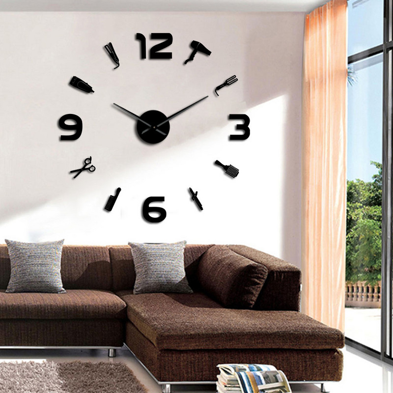 Бръснарски аксесоари Направи си сам голям стенен часовник с акрилен огледален ефект Стенно изкуство Инструменти за бръснарница Голям стенен часовник без рамка без тиктакане