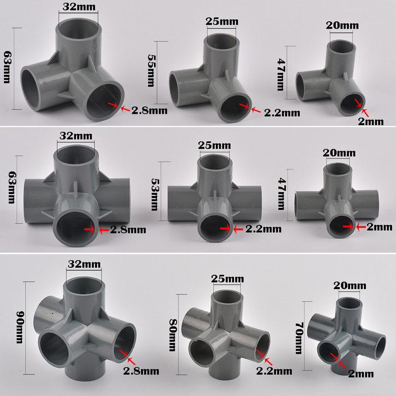 Вътрешен диаметър 20/25/32 mm 3-посочен/4-посочен/5-посочен триизмерен PVC съединител Фитинги за водоснабдителни тръби Равни съединители Пластмаса