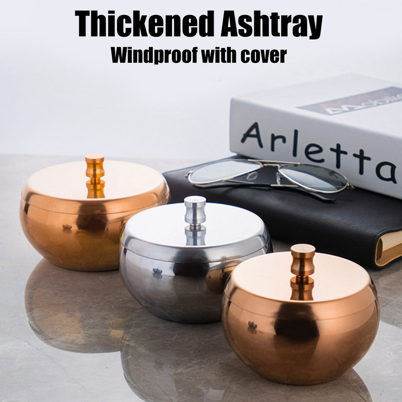 Пепелник от неръждаема стомана с капак Ветроупорен пепелник Модерна преносима декорация на маса за открито, закрито, вътрешен двор, офис