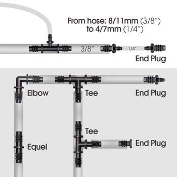 Μαλακός σωλήνας κήπου 8/11 MM Σωλήνας ποτίσματος Σωλήνας σύνδεσης Barb Baucet 3/8\'\' Tee Equal Stake Coupling Adapter Sprinkler