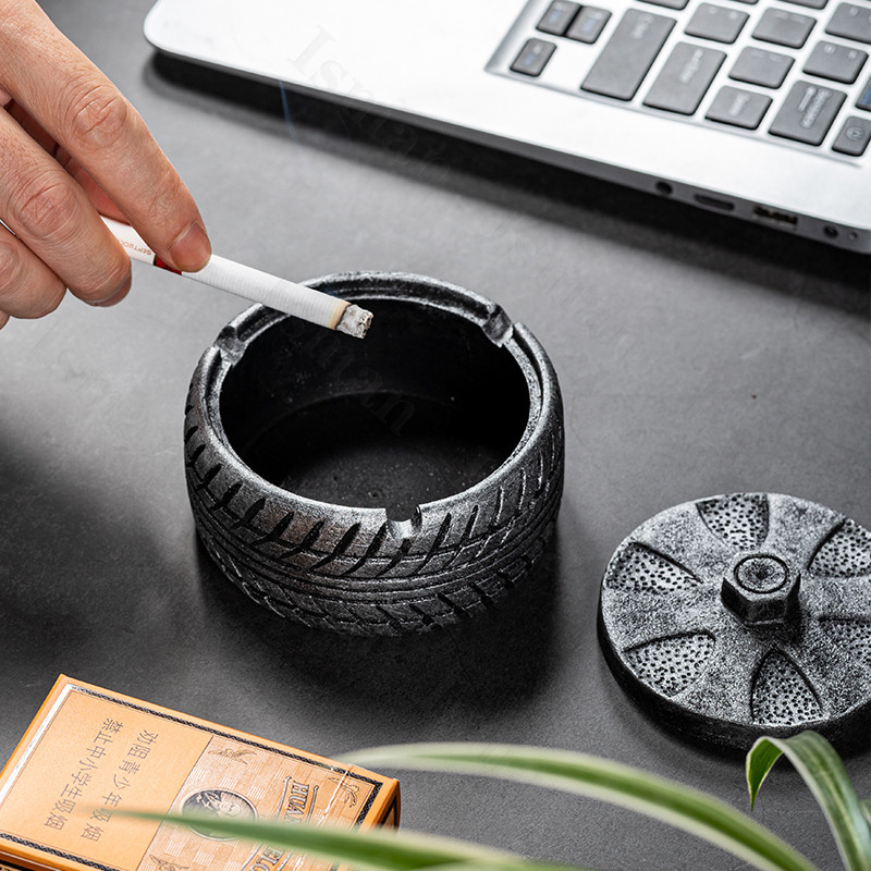 Nordic Wheels Циментов пепелник с капак Ретро офис бар Кутия за съхранение против летяща пепел Пепелник Аксесоари за декорация на хола