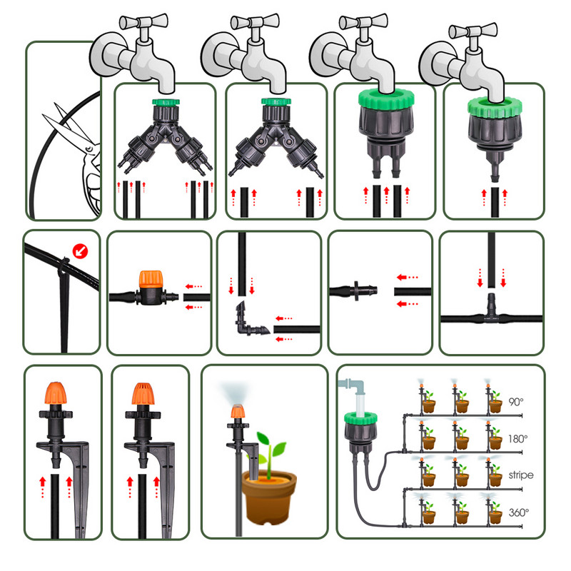 Конектор за напояване на градината Кран за напояване Спринклер Адаптер за съединител на маркуч Тръба Подпора на колове Спрей дюзи 1/4`` Съединение