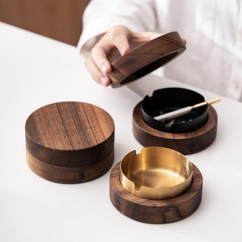 Слот за пепелник Фино смилане на орехово дърво Дървен пепелник с капак Консумативи за всекидневна Аксесоари за дома cenicero Wabi-sabi y2k