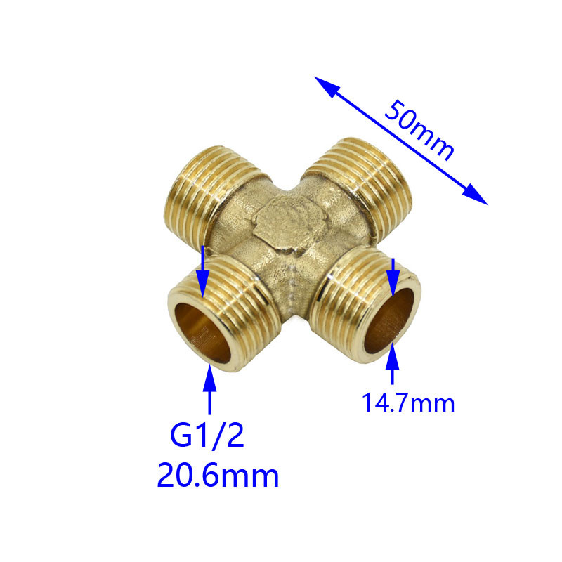 Месингов мъжки 1/2" водопроводен напречен съединител 4-посочен разделител за вода Резбов съединител Тръбни фитинги 1 бр.