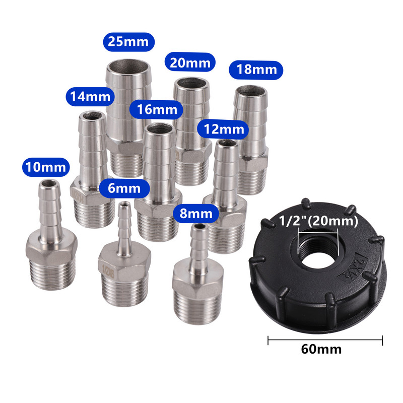 S60x6 Груба резба IBC Адаптер за резервоар 6/8/10/12/14/16/18/20/25 mm 304 Неръждаема стомана Накрайник Резервни фитинги за източване на резервоар за вода