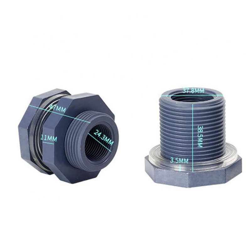 2Pcs PVC 3/4 инча резба за воден резервоар Адаптер за монтаж на преграда с уплътнение