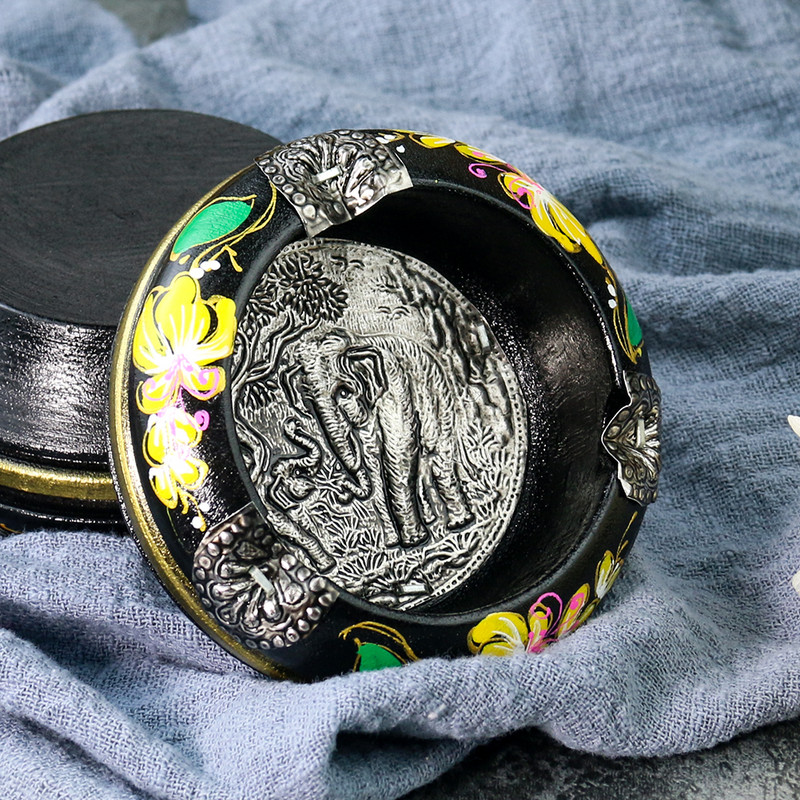 1 ΤΕΜ. Ταξιδιωτικά αναμνηστικά Ταϊλάνδης Ξύλινα ζωγραφισμένα τασάκι Χειροτεχνίες Οικιακές προμήθειες Στρογγυλός ελέφαντας Χειροποίητο ρετρό δώρο τασάκι γραφείου